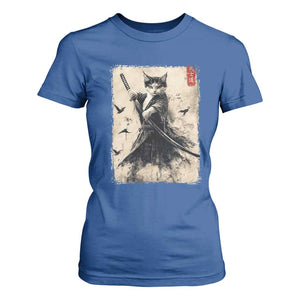Samurai Cat Graphic T Shirt For Women Warrior Vintage Japanese Art Anime TS02 Royal Blue Print Your Wear
