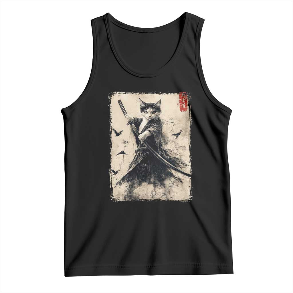 Samurai Cat Graphic Tank Top Warrior Vintage Japanese Art Anime TS02 Black Print Your Wear
