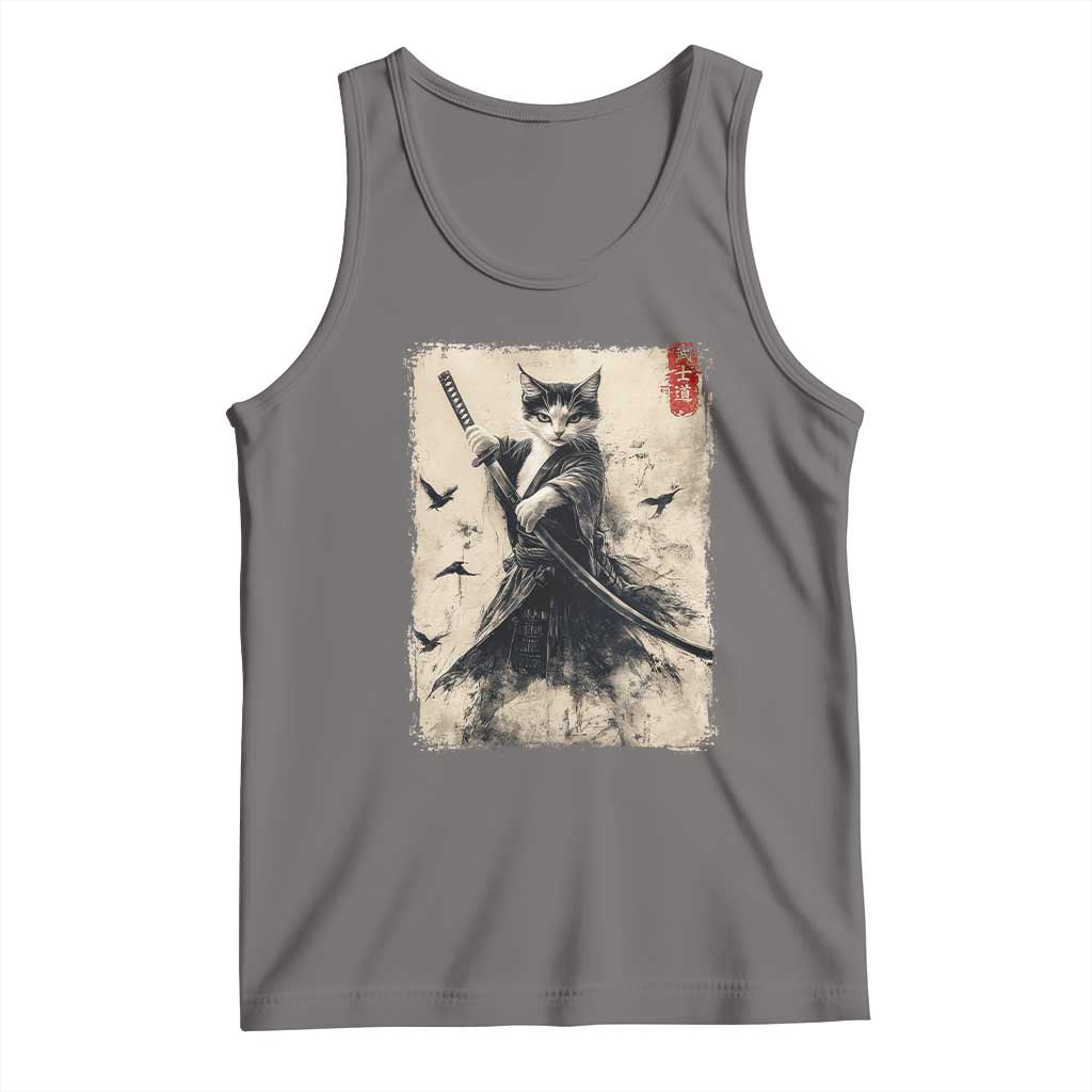Samurai Cat Graphic Tank Top Warrior Vintage Japanese Art Anime TS02 Deep Heather Print Your Wear