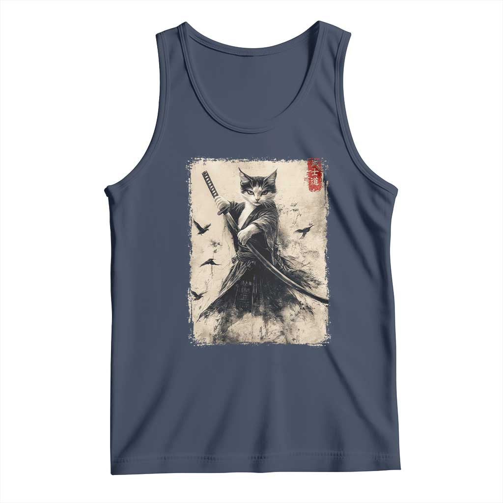 Samurai Cat Graphic Tank Top Warrior Vintage Japanese Art Anime TS02 Navy Print Your Wear