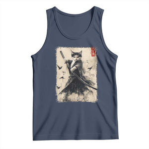 Samurai Cat Graphic Tank Top Warrior Vintage Japanese Art Anime TS02 Navy Print Your Wear