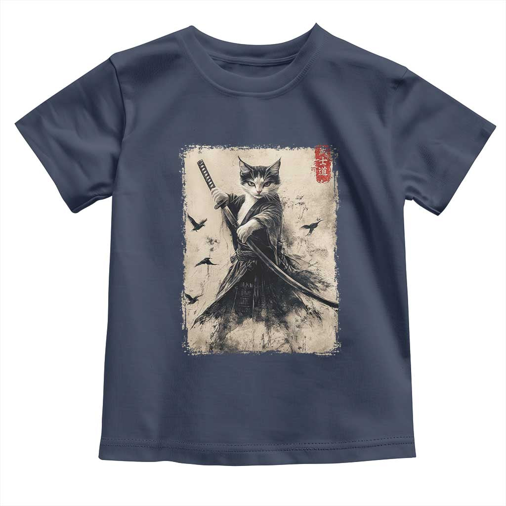 Samurai Cat Graphic Toddler T Shirt Warrior Vintage Japanese Art Anime TS02 Navy Print Your Wear