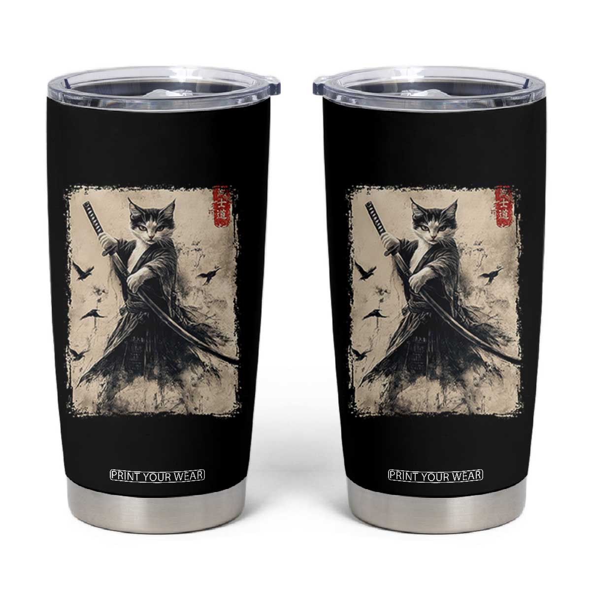 Samurai Cat Graphic Tumbler Cup Warrior Vintage Japanese Art Anime TS02 Black Print Your Wear