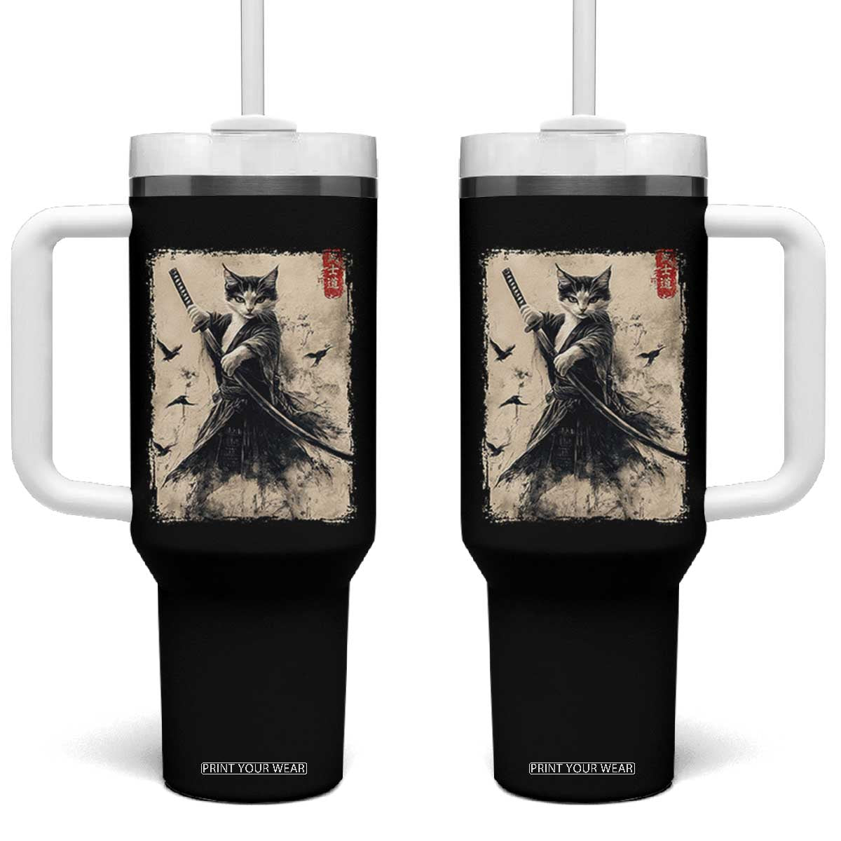 Samurai Cat Graphic Tumbler With Handle Warrior Vintage Japanese Art Anime TS02 One Size: 40 oz Black Print Your Wear
