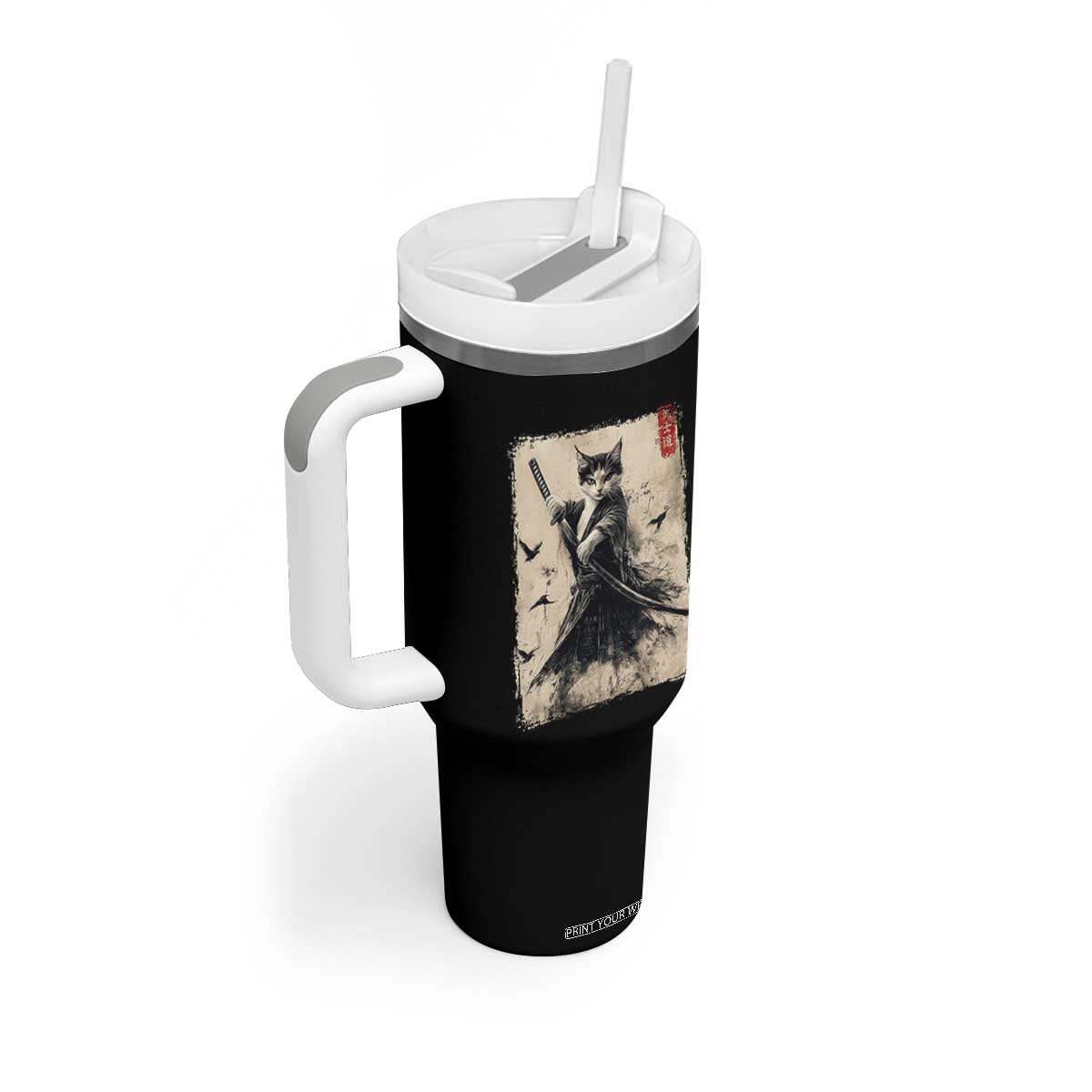 Samurai Cat Graphic Tumbler With Handle Warrior Vintage Japanese Art Anime TS02 Print Your Wear