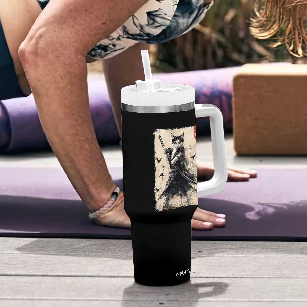 Samurai Cat Graphic Tumbler With Handle Warrior Vintage Japanese Art Anime TS02 Print Your Wear