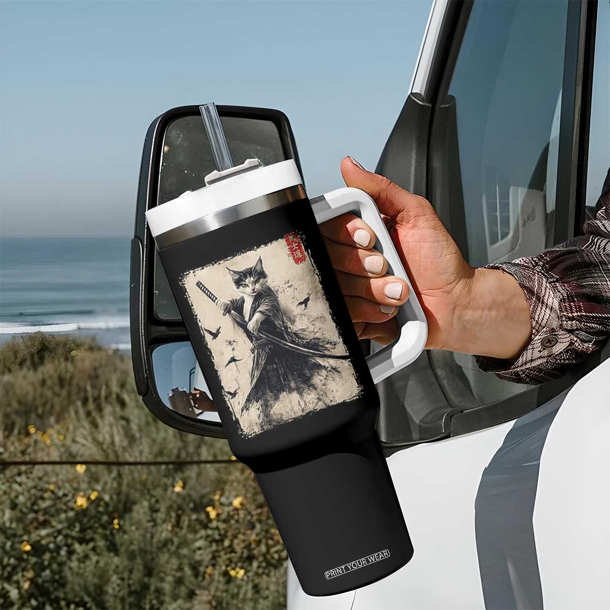 Samurai Cat Graphic Tumbler With Handle Warrior Vintage Japanese Art Anime TS02 Print Your Wear