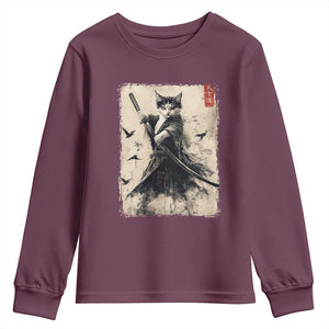 Samurai Cat Graphic Youth Sweatshirt Warrior Vintage Japanese Art Anime TS02 Maroon Print Your Wear