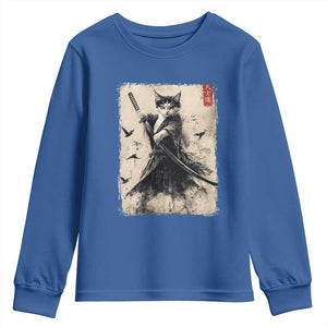 Samurai Cat Graphic Youth Sweatshirt Warrior Vintage Japanese Art Anime TS02 Royal Blue Print Your Wear