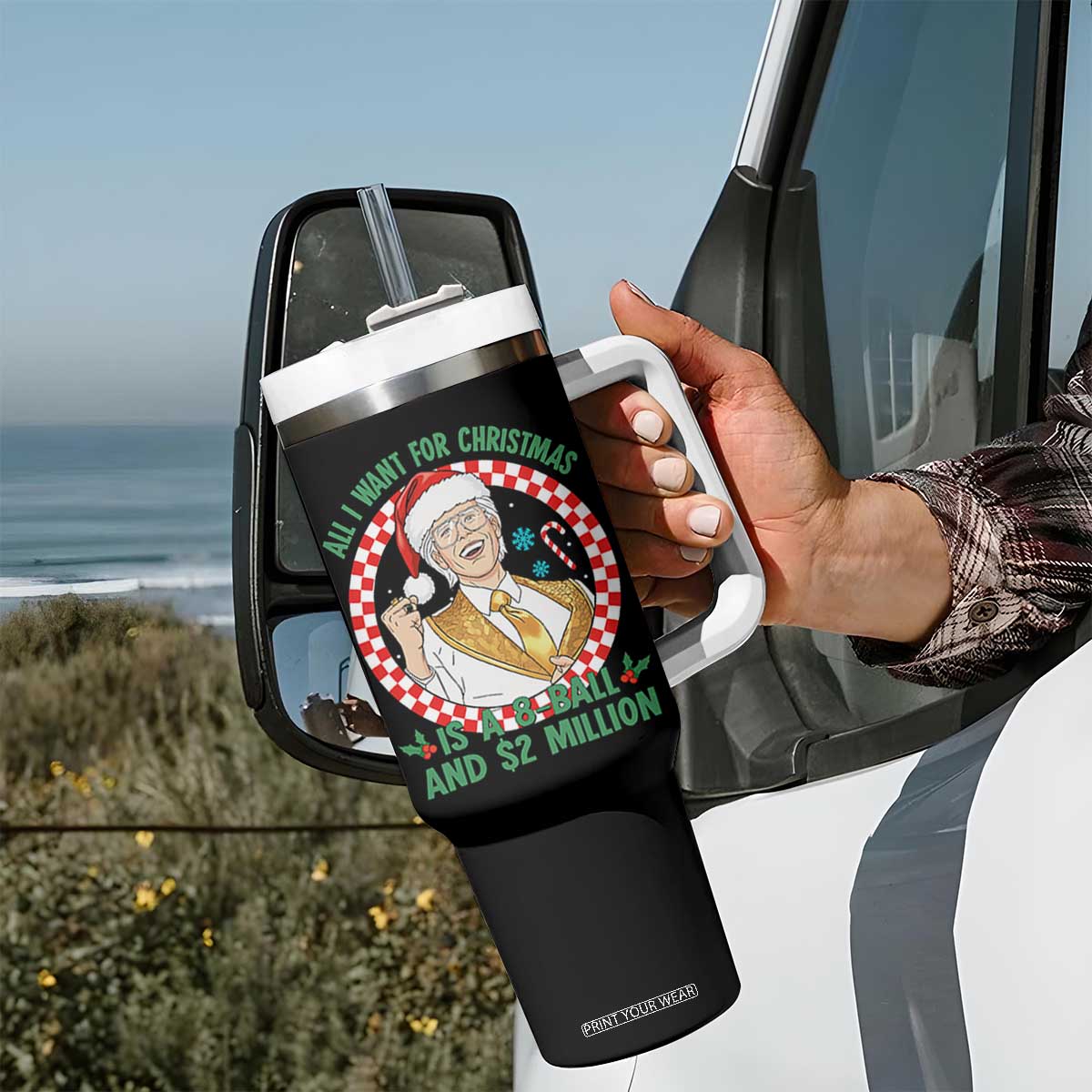 Funny Christmas Wish Billy Meme Tumbler With Handle A 8 Ball and 2 Million Dollars Baby Uncle Santa Hat TS02 Print Your Wear