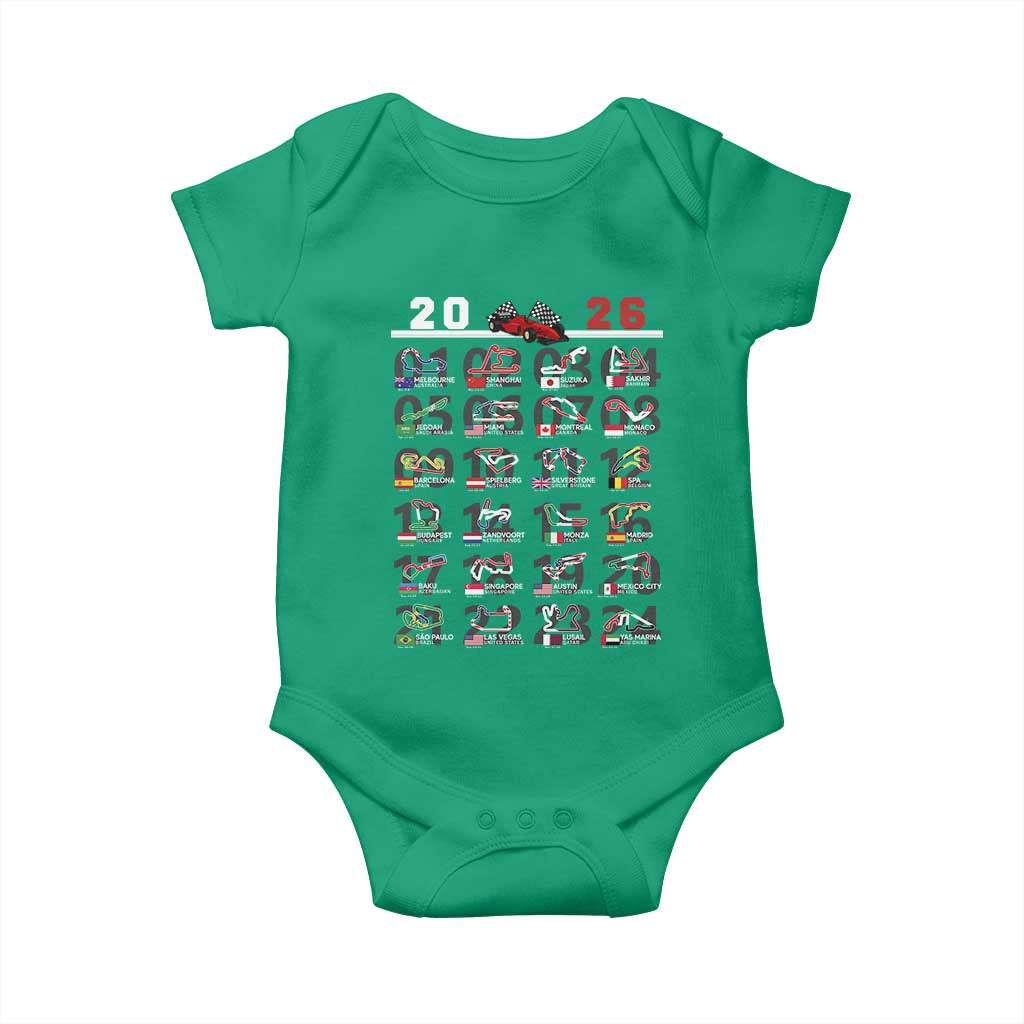 2026 Car Racing Circuit Baby Onesie International Race Track Schedule Graphic with Flags TS02 Irish Green Print Your Wear