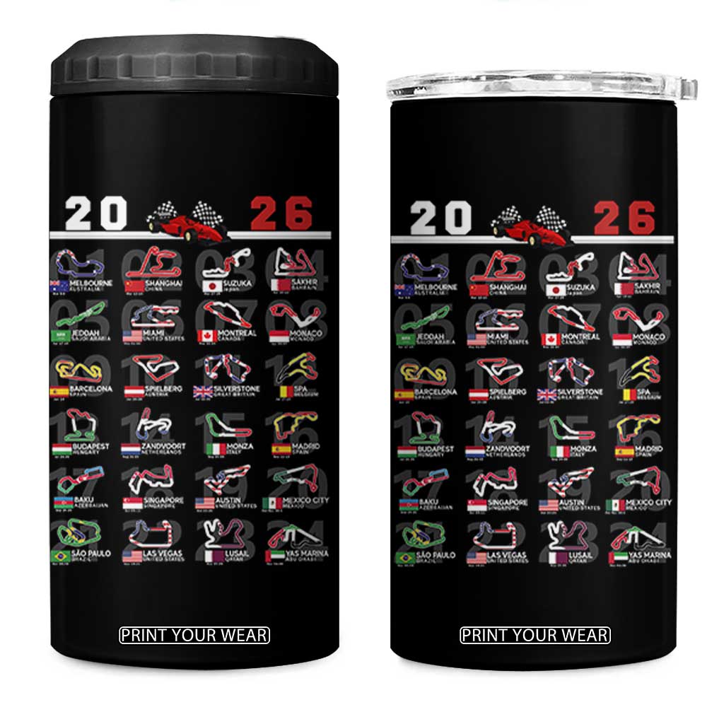 2026 Car Racing Circuit 4 in 1 Can Cooler Tumbler International Race Track Schedule Graphic with Flags TS02 One Size: 16 oz Black Print Your Wear