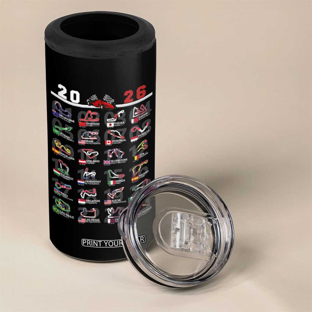 2026 Car Racing Circuit 4 in 1 Can Cooler Tumbler International Race Track Schedule Graphic with Flags TS02 Print Your Wear