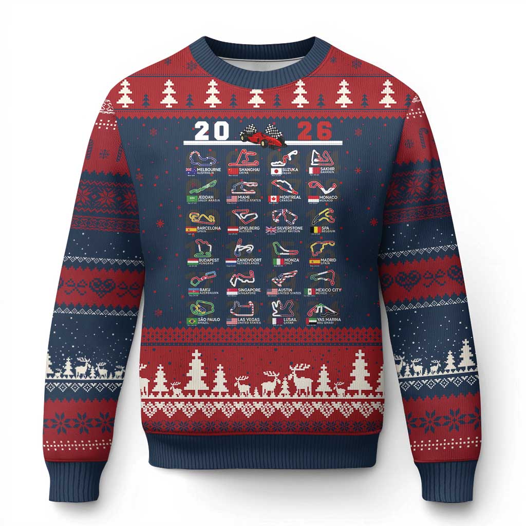 2026 Car Racing Circuit Ugly Christmas Sweater International Race Track Schedule Graphic with Flags TS02 Navy Red Print Your Wear