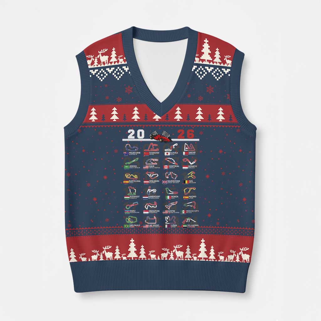 2026 Car Racing Circuit V-Neck Knit Sweater Vest International Race Track Schedule Graphic with Flags TS02 Navy Red Print Your Wear