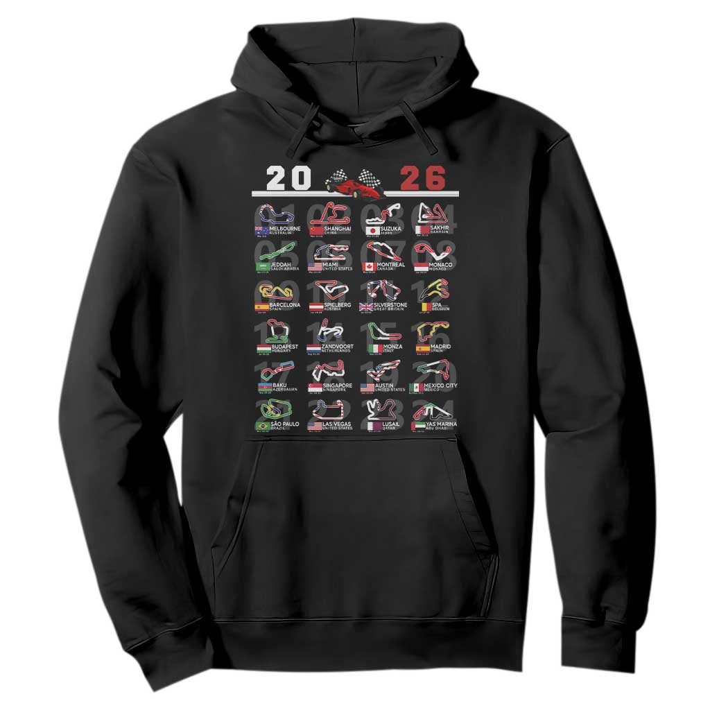 2026 Car Racing Circuit Hoodie International Race Track Schedule Graphic with Flags TS02 Black Print Your Wear