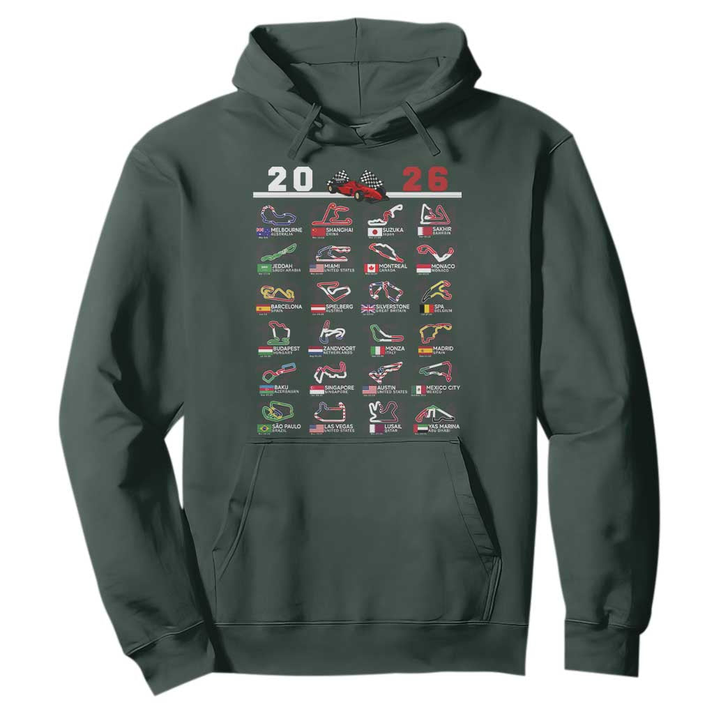 2026 Car Racing Circuit Hoodie International Race Track Schedule Graphic with Flags TS02 Dark Forest Green Print Your Wear