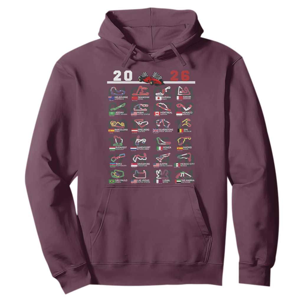 2026 Car Racing Circuit Hoodie International Race Track Schedule Graphic with Flags TS02 Maroon Print Your Wear