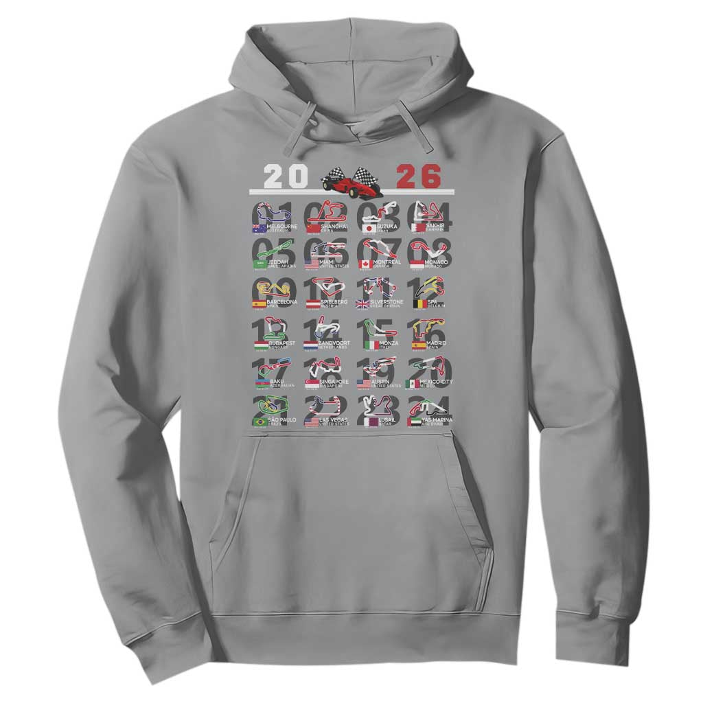 2026 Car Racing Circuit Hoodie International Race Track Schedule Graphic with Flags TS02 Sport Gray Print Your Wear