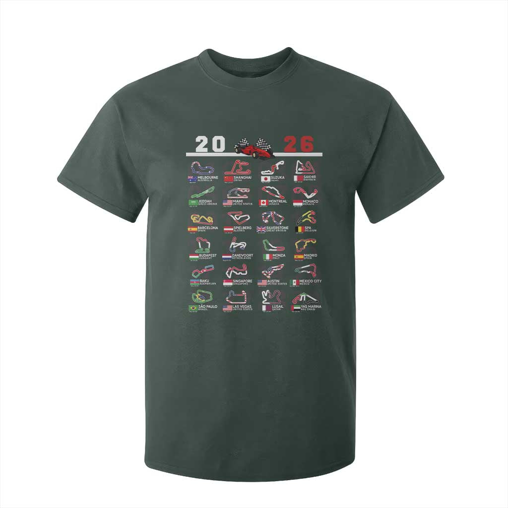 2026 Car Racing Circuit T Shirt For Kid International Race Track Schedule Graphic with Flags TS02 Dark Forest Green Print Your Wear