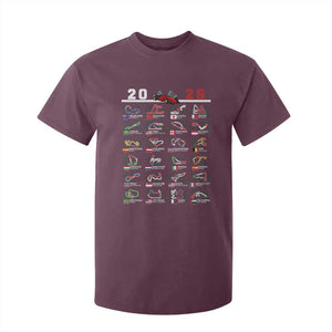 2026 Car Racing Circuit T Shirt For Kid International Race Track Schedule Graphic with Flags TS02 Maroon Print Your Wear