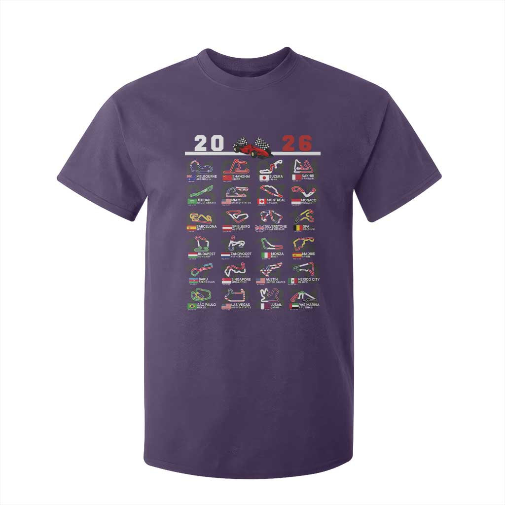 2026 Car Racing Circuit T Shirt For Kid International Race Track Schedule Graphic with Flags TS02 Purple Print Your Wear