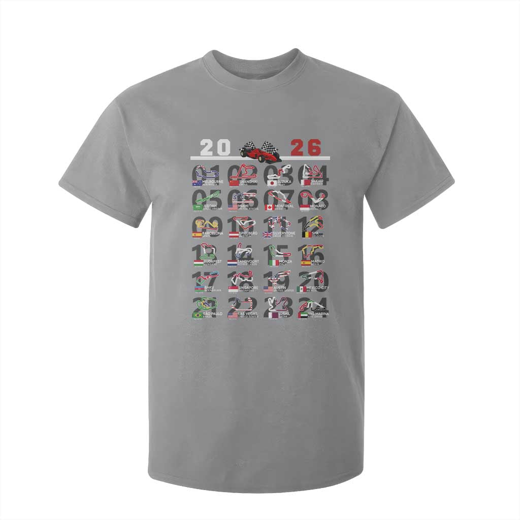 2026 Car Racing Circuit T Shirt For Kid International Race Track Schedule Graphic with Flags TS02 Sport Gray Print Your Wear