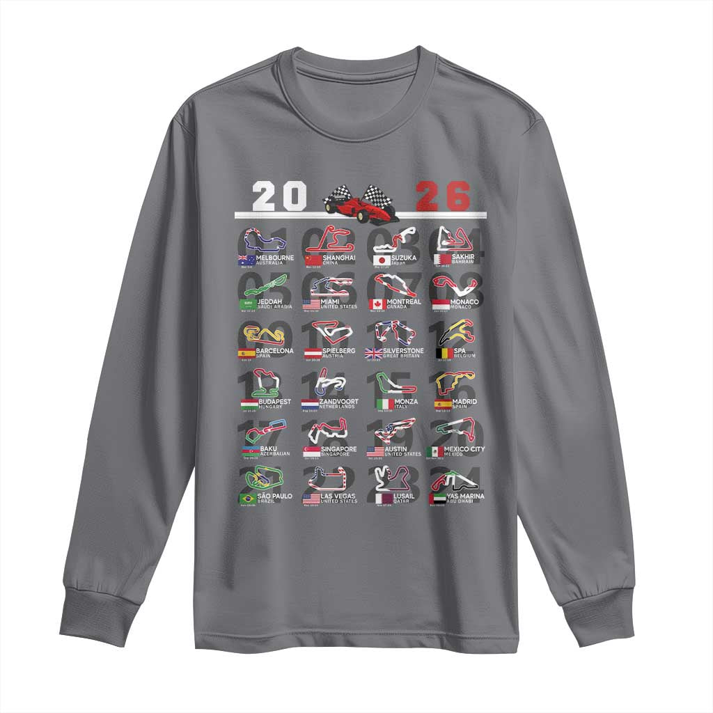 2026 Car Racing Circuit Long Sleeve Shirt International Race Track Schedule Graphic with Flags TS02 Charcoal Print Your Wear