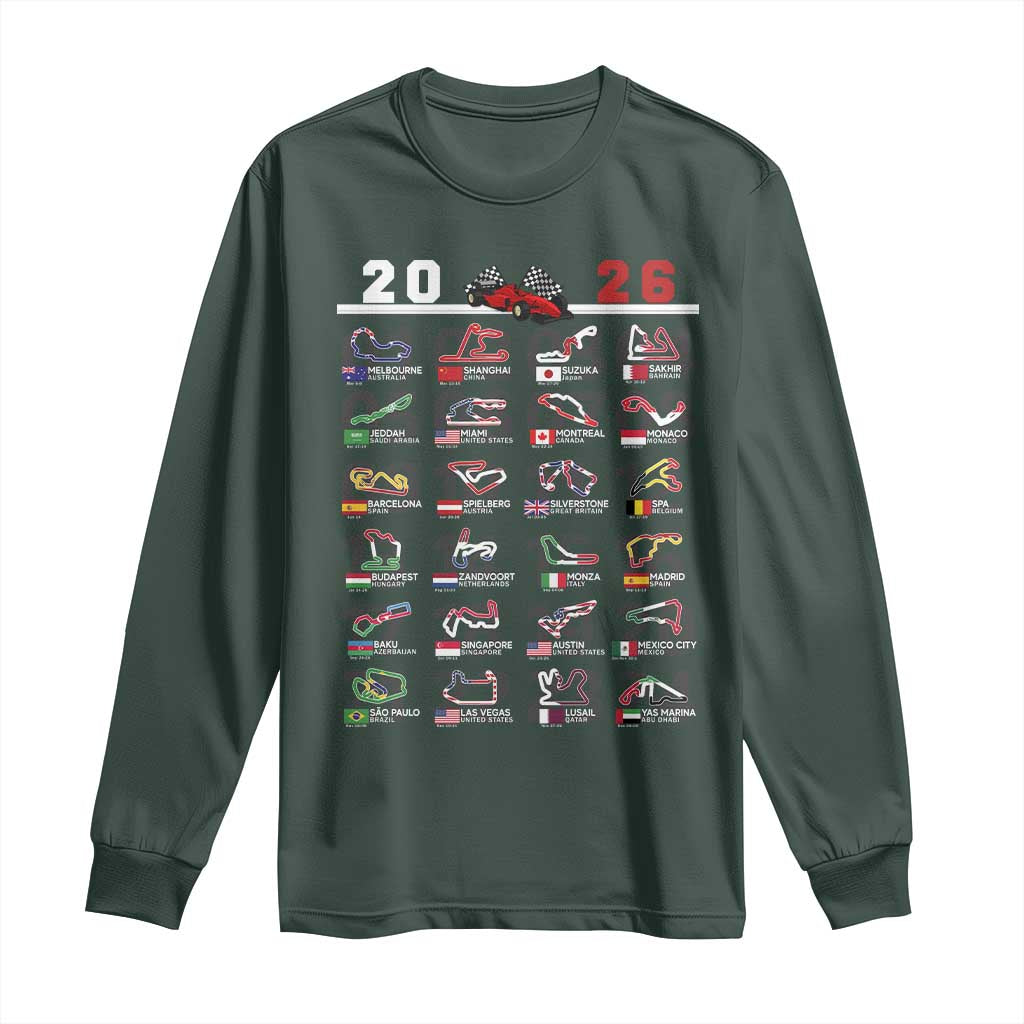 2026 Car Racing Circuit Long Sleeve Shirt International Race Track Schedule Graphic with Flags TS02 Dark Forest Green Print Your Wear