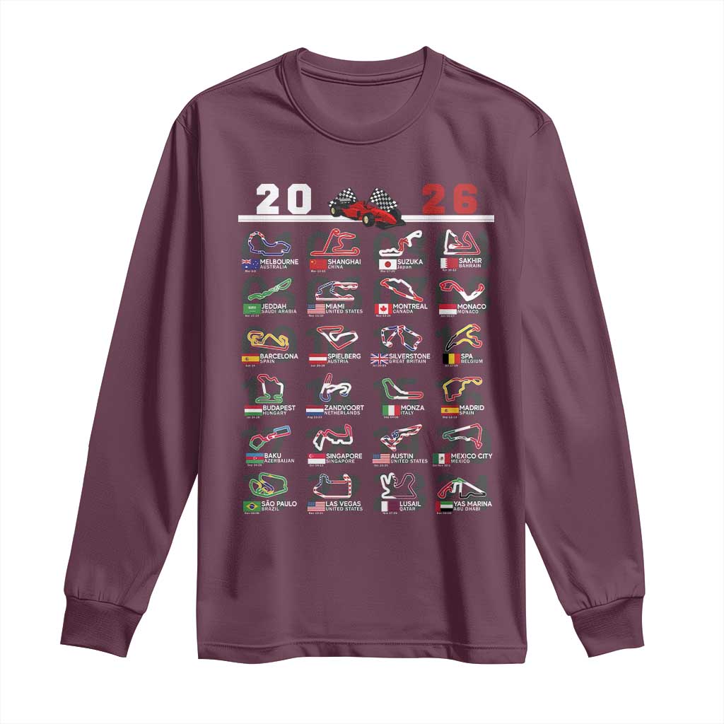 2026 Car Racing Circuit Long Sleeve Shirt International Race Track Schedule Graphic with Flags TS02 Maroon Print Your Wear