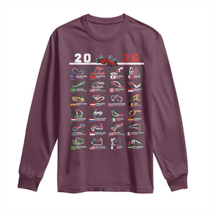 2026 Car Racing Circuit Long Sleeve Shirt International Race Track Schedule Graphic with Flags TS02 Maroon Print Your Wear