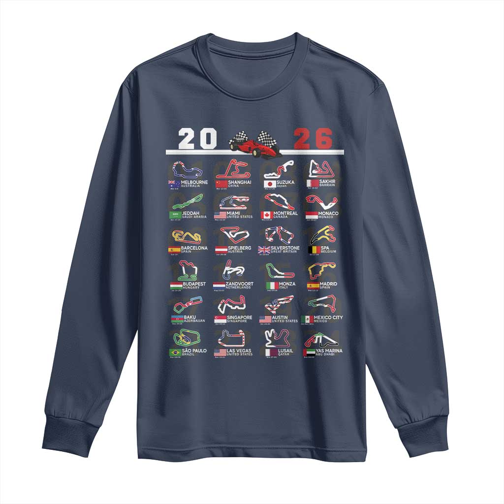 2026 Car Racing Circuit Long Sleeve Shirt International Race Track Schedule Graphic with Flags TS02 Navy Print Your Wear