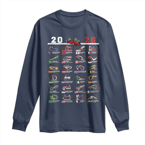 2026 Car Racing Circuit Long Sleeve Shirt International Race Track Schedule Graphic with Flags TS02 Navy Print Your Wear