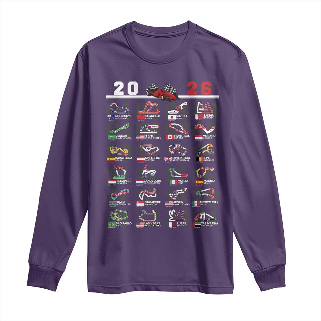 2026 Car Racing Circuit Long Sleeve Shirt International Race Track Schedule Graphic with Flags TS02 Purple Print Your Wear