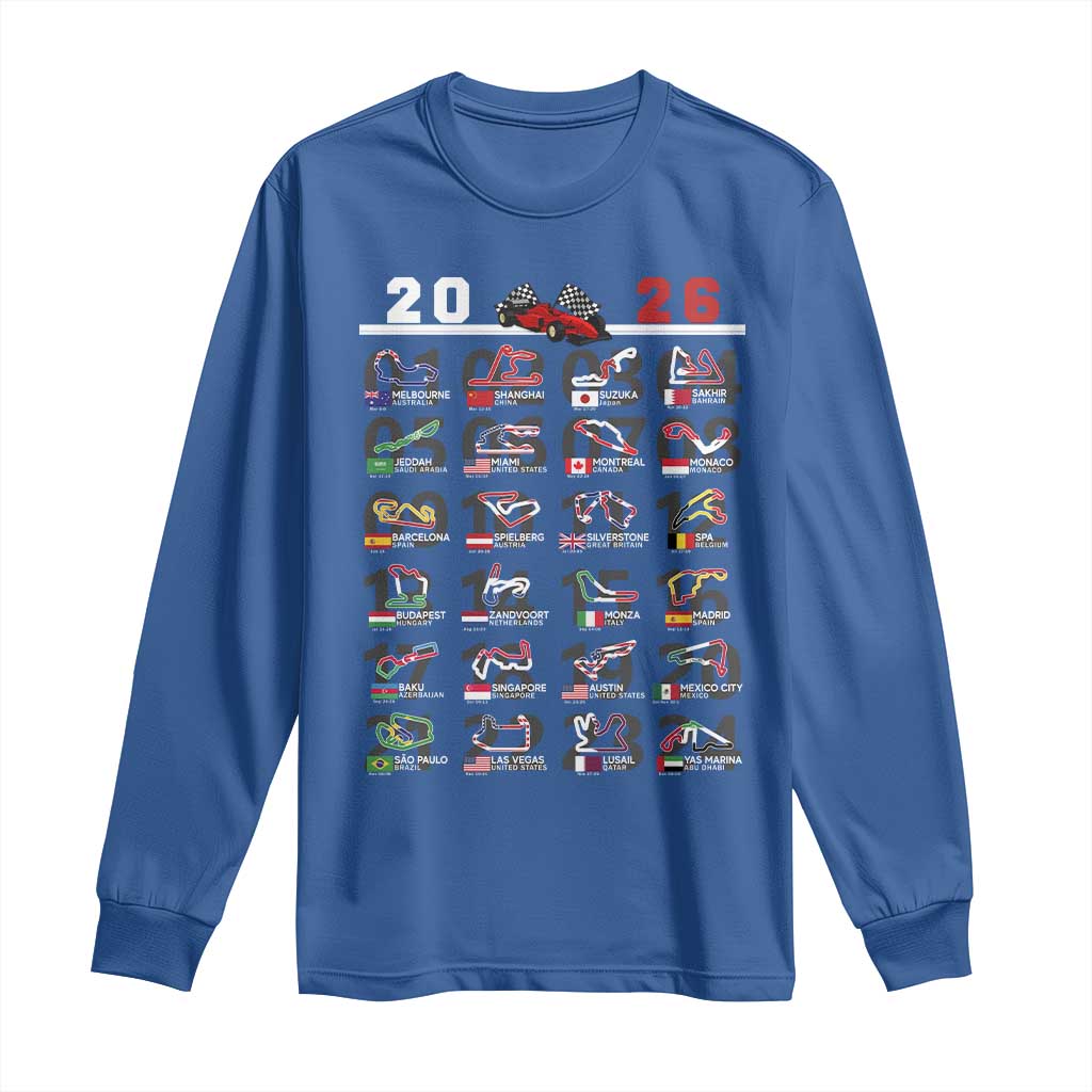 2026 Car Racing Circuit Long Sleeve Shirt International Race Track Schedule Graphic with Flags TS02 Royal Blue Print Your Wear
