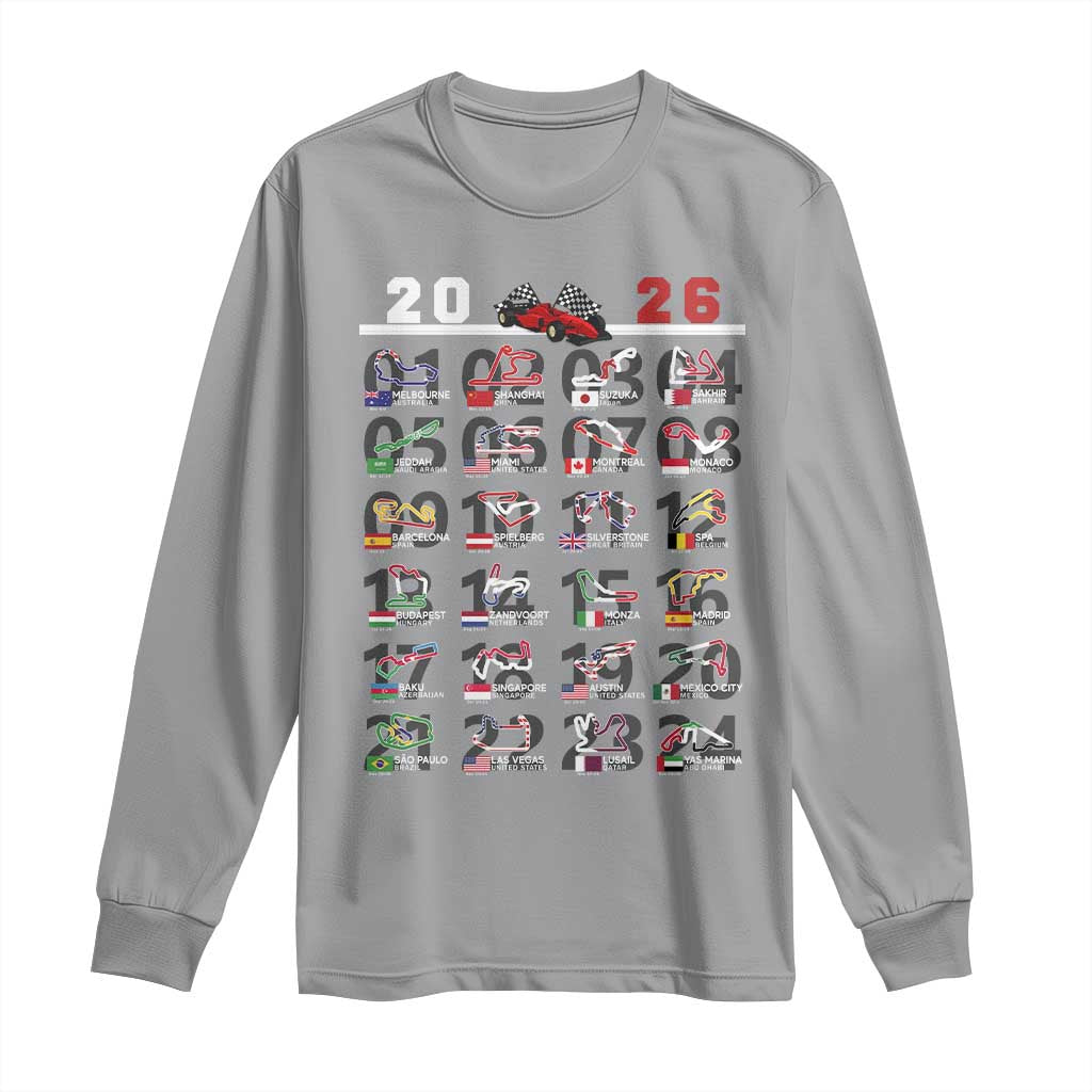 2026 Car Racing Circuit Long Sleeve Shirt International Race Track Schedule Graphic with Flags TS02 Sport Gray Print Your Wear