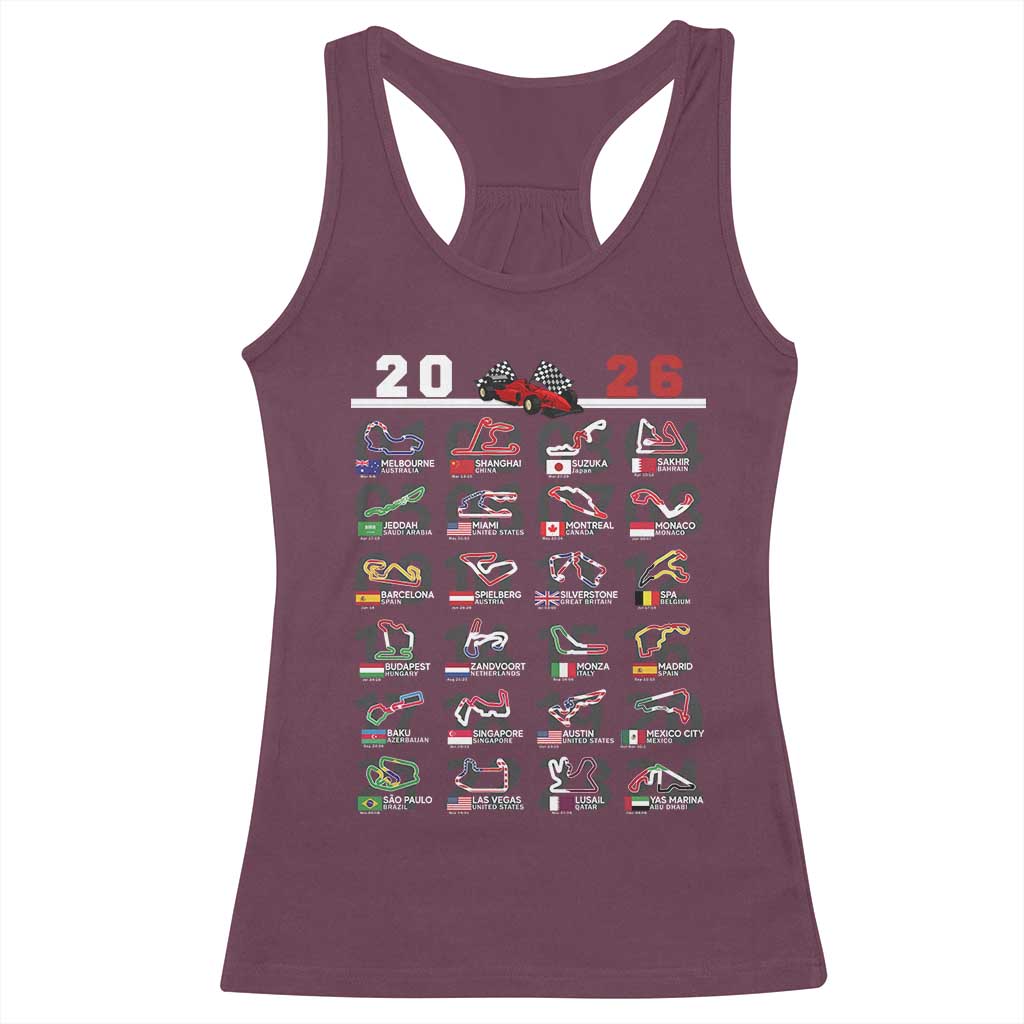 2026 Car Racing Circuit Racerback Tank Top International Race Track Schedule Graphic with Flags TS02 Maroon Print Your Wear