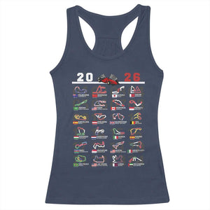 2026 Car Racing Circuit Racerback Tank Top International Race Track Schedule Graphic with Flags TS02 Navy Print Your Wear