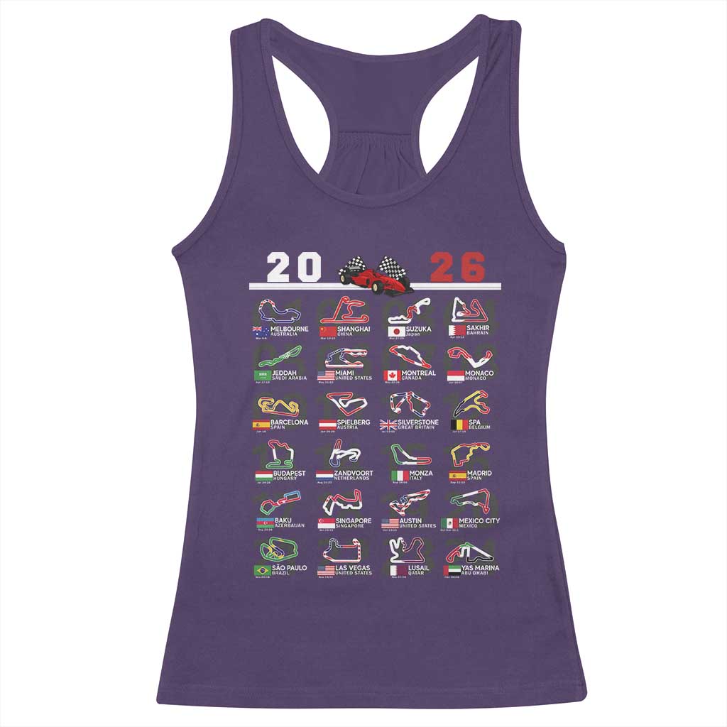 2026 Car Racing Circuit Racerback Tank Top International Race Track Schedule Graphic with Flags TS02 Purple Print Your Wear