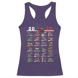 2026 Car Racing Circuit Racerback Tank Top International Race Track Schedule Graphic with Flags TS02 Purple Print Your Wear