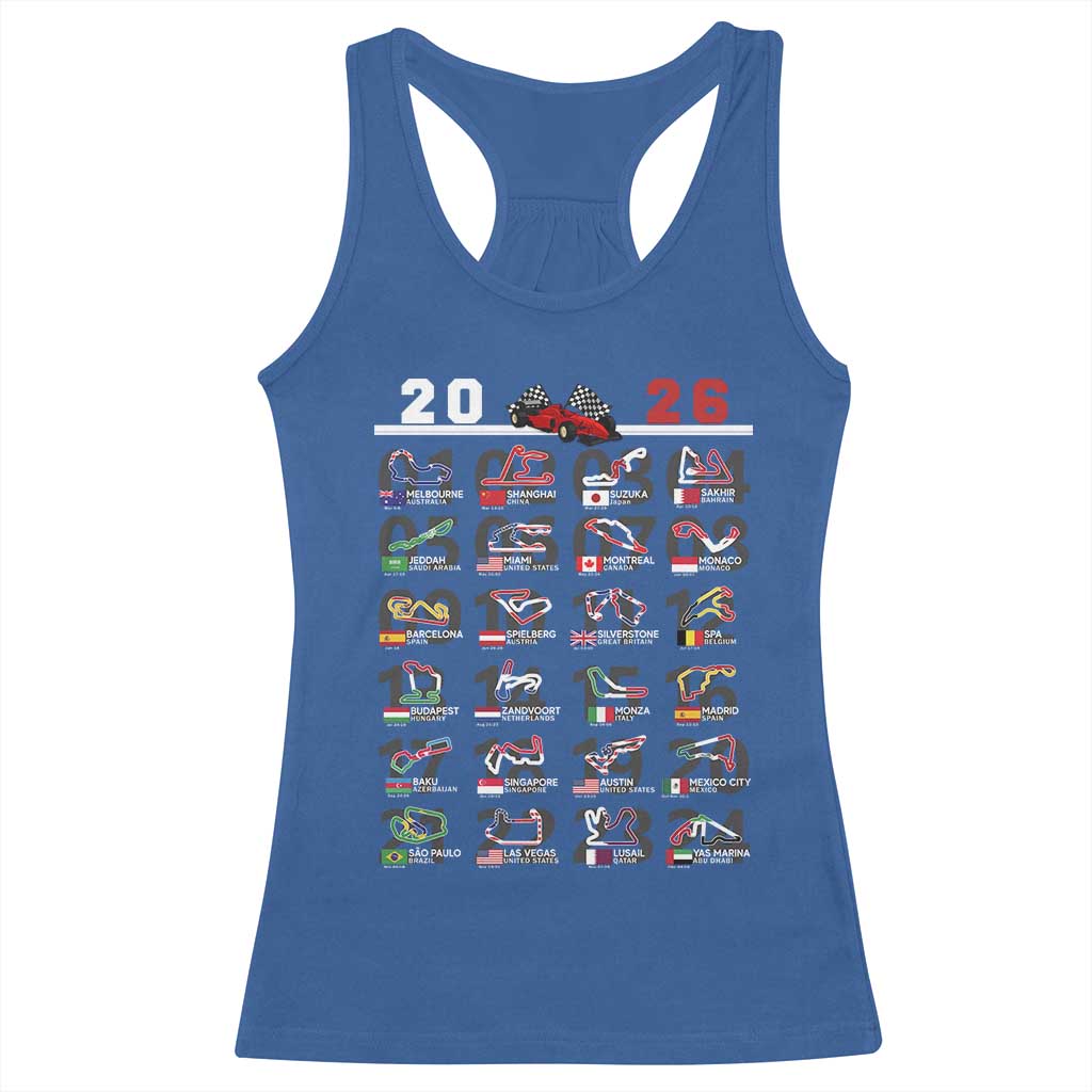 2026 Car Racing Circuit Racerback Tank Top International Race Track Schedule Graphic with Flags TS02 Royal Blue Print Your Wear