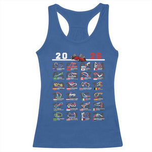 2026 Car Racing Circuit Racerback Tank Top International Race Track Schedule Graphic with Flags TS02 Royal Blue Print Your Wear