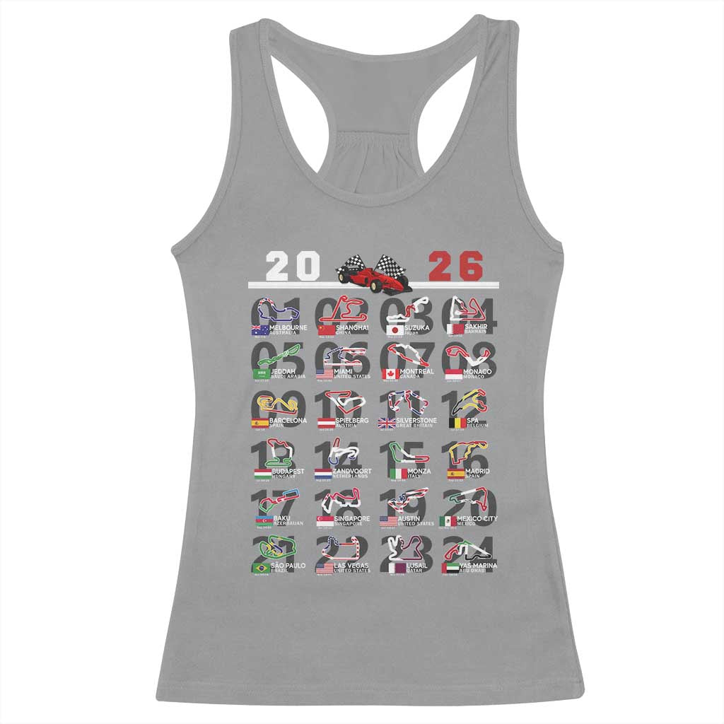 2026 Car Racing Circuit Racerback Tank Top International Race Track Schedule Graphic with Flags TS02 Sport Gray Print Your Wear