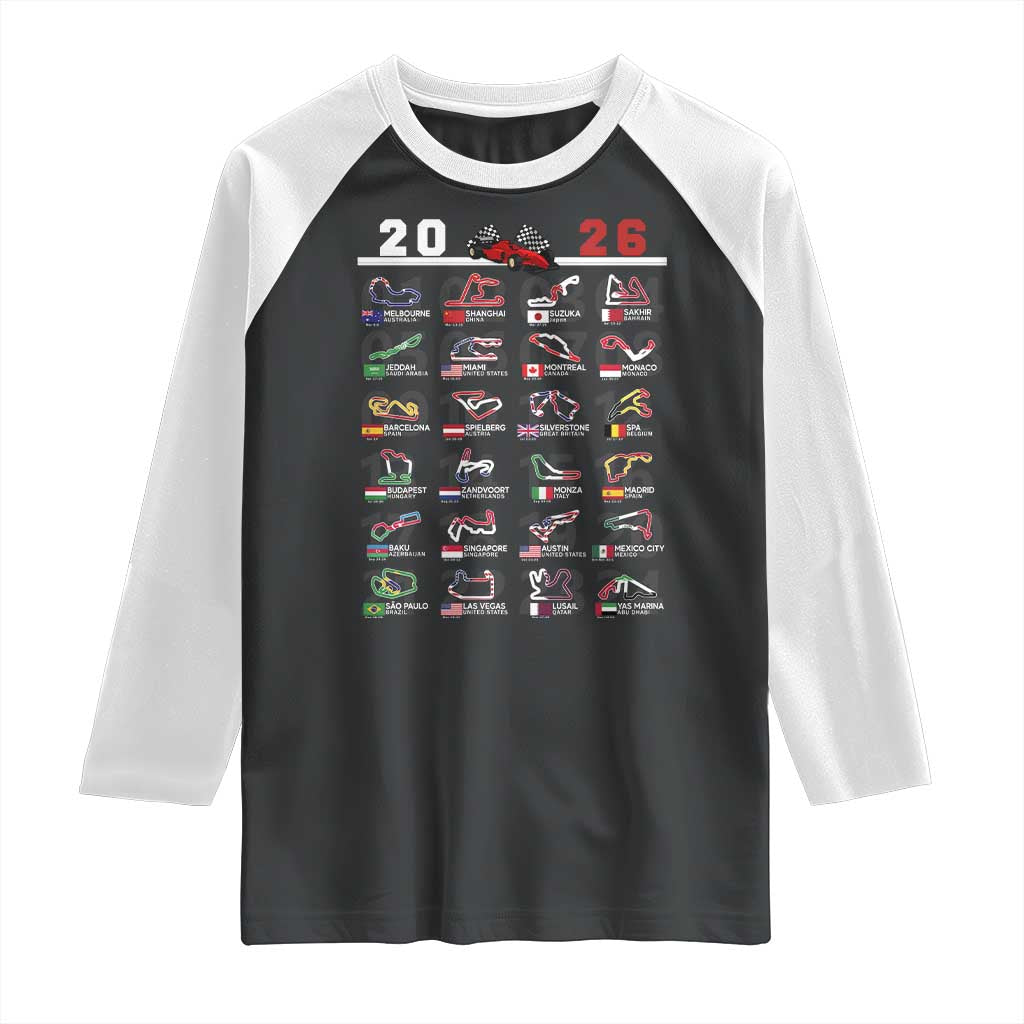 2026 Car Racing Circuit Raglan Shirt International Race Track Schedule Graphic with Flags TS02 Black White Print Your Wear