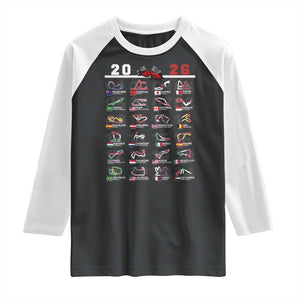 2026 Car Racing Circuit Raglan Shirt International Race Track Schedule Graphic with Flags TS02 Black White Print Your Wear