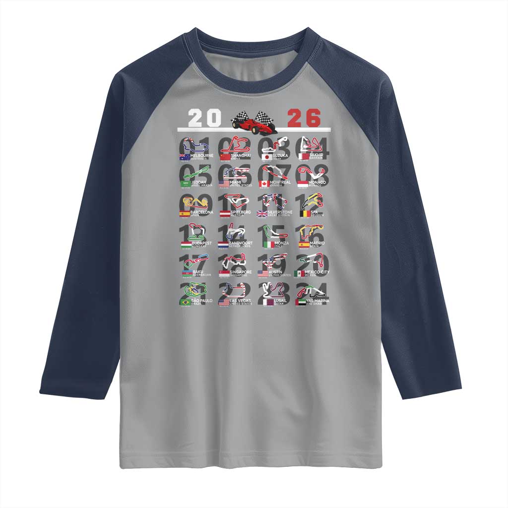 2026 Car Racing Circuit Raglan Shirt International Race Track Schedule Graphic with Flags TS02 Sport Gray Navy Print Your Wear