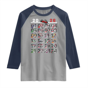 2026 Car Racing Circuit Raglan Shirt International Race Track Schedule Graphic with Flags TS02 Sport Gray Navy Print Your Wear