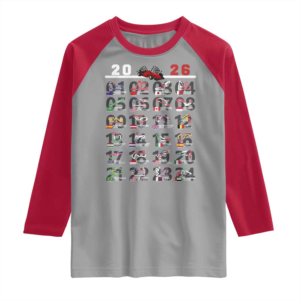 2026 Car Racing Circuit Raglan Shirt International Race Track Schedule Graphic with Flags TS02 Sport Gray Red Print Your Wear