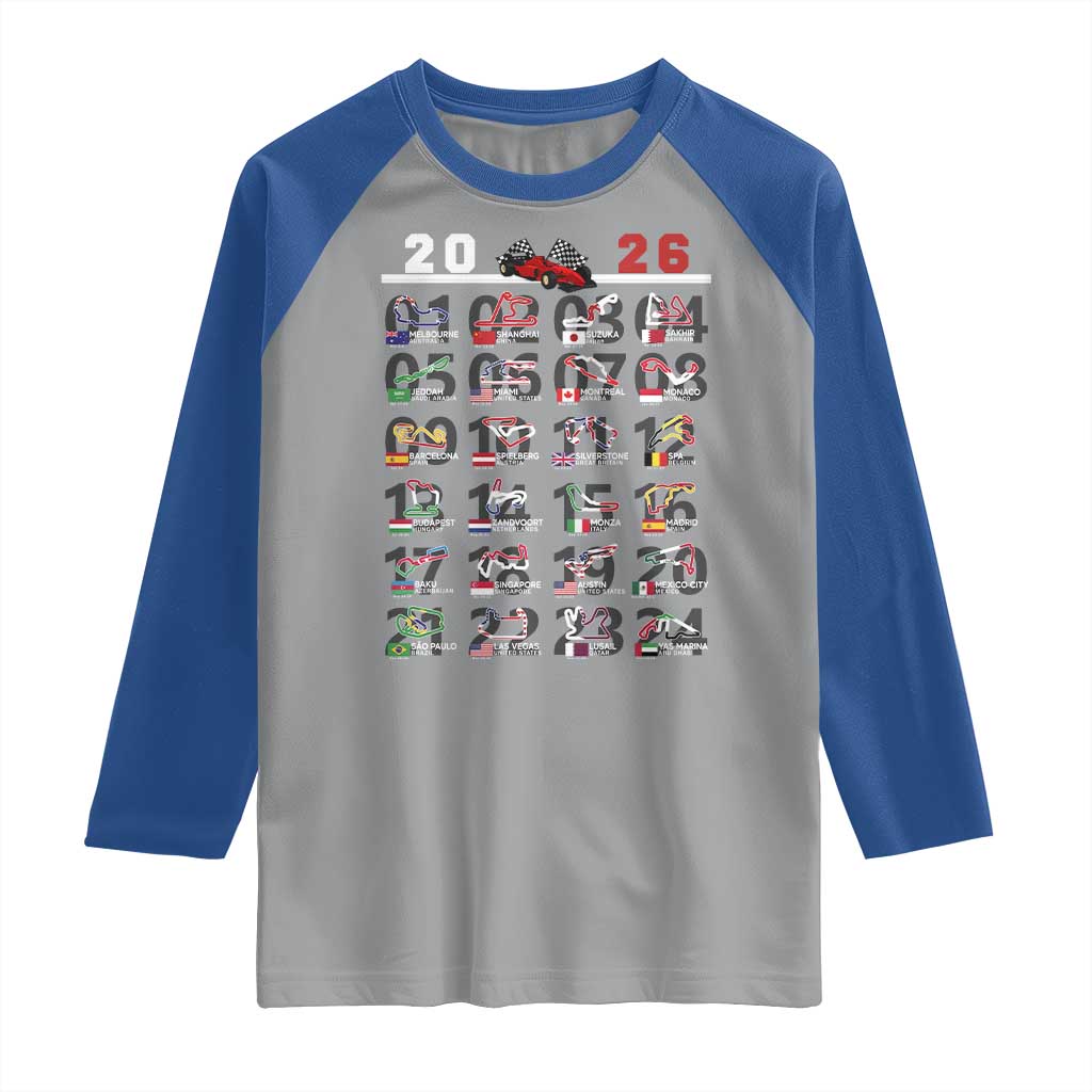 2026 Car Racing Circuit Raglan Shirt International Race Track Schedule Graphic with Flags TS02 Sport Gray Royal Print Your Wear