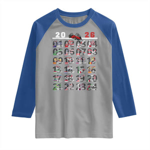 2026 Car Racing Circuit Raglan Shirt International Race Track Schedule Graphic with Flags TS02 Sport Gray Royal Print Your Wear